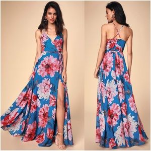 NWT Lulus Always There For Me Blue Floral Print Wrap Maxi Dress